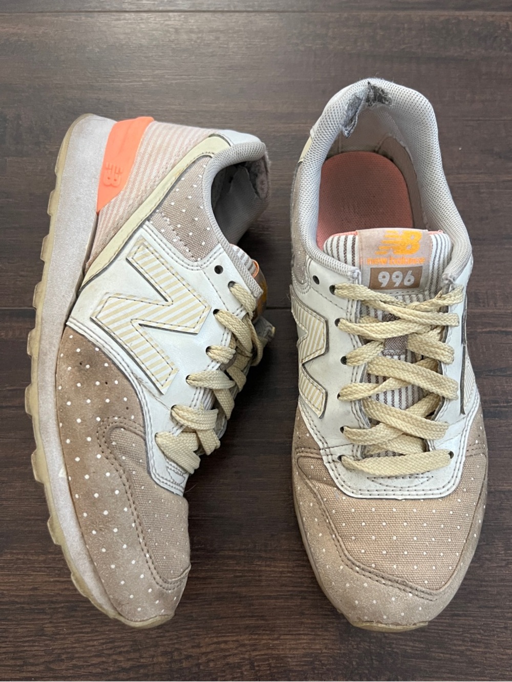 New Balance 996 Beige Polka Dot Sneakers with Coral Heel. Shoe box not included
